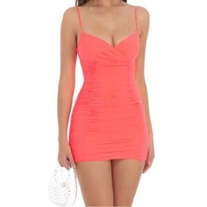 LUCY IN THE SKY || pink/orange ruched mini dress || size xs/s ||